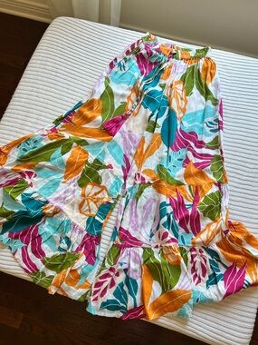 Tropical Palm Print Wide Leg Tiered Beach Pants Rayon Shell Tassel Boho Resort